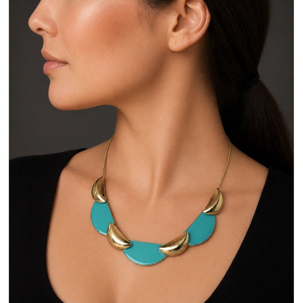Gold Tone Turquoise Resin Statement Bib Necklace Adjustable Lobster Clasp